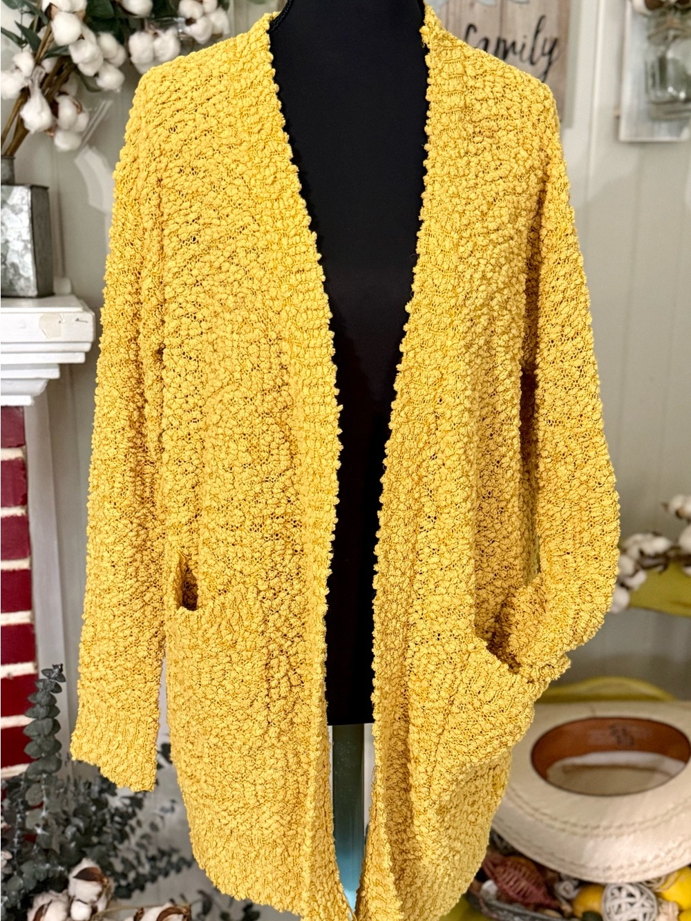 Rachel Popcorn Knit‎ Open-Front Cardigan in Mustard Yellow